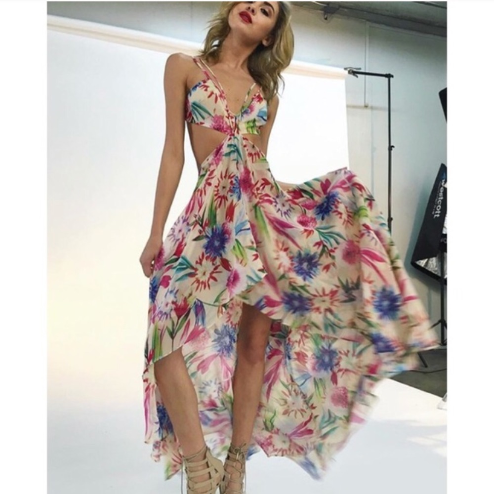 Tropical print hi-low cut out maxi dress